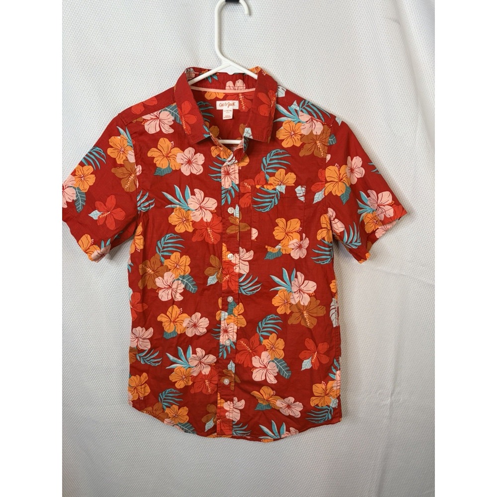 CAT & JACK Boys Size Large Floral Short Sleeve Button Up Cotton Shirt